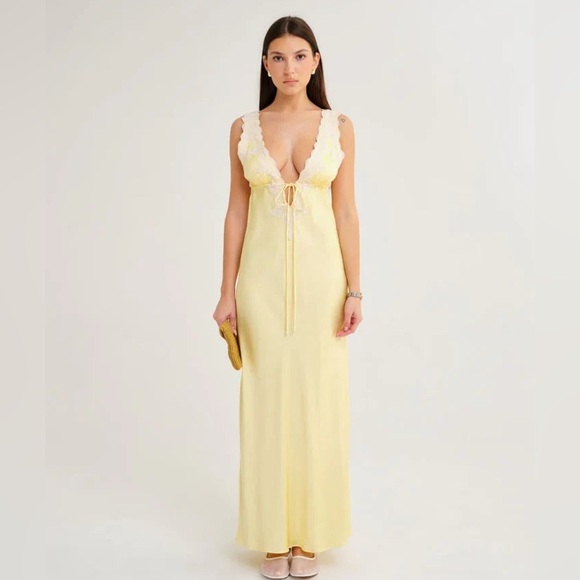 Rumored Dresses & Skirts - Elegant Yellow Lace-Trimmed Slip Maxi Dress